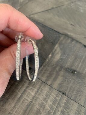 Rhinestone Silver Tone Hoop Earrings 3”